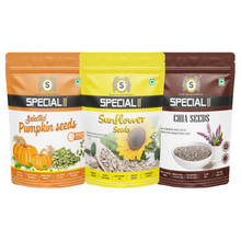Load image into Gallery viewer, Special Choice Healthy Raw Seeds Combo- Jumbo Pumpkin Seeds, Jumbo Sunflower Seeds, Chia Seeds (250g*3) - Seeds for Eating Combo | Healthy Snacking with 100% Natural and Clean Ingredients