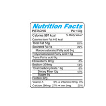 Load image into Gallery viewer, Special Choice Pistachio Roasted And Salted California Vacuum Pack 250g (Nutritional Facts)