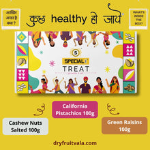 Load image into Gallery viewer, Special Choice Treat Dry Fruits Gift Pack (Cashew Nuts Salted 100g, California Pistachio 100g &amp; Indian Raisins 100g)
