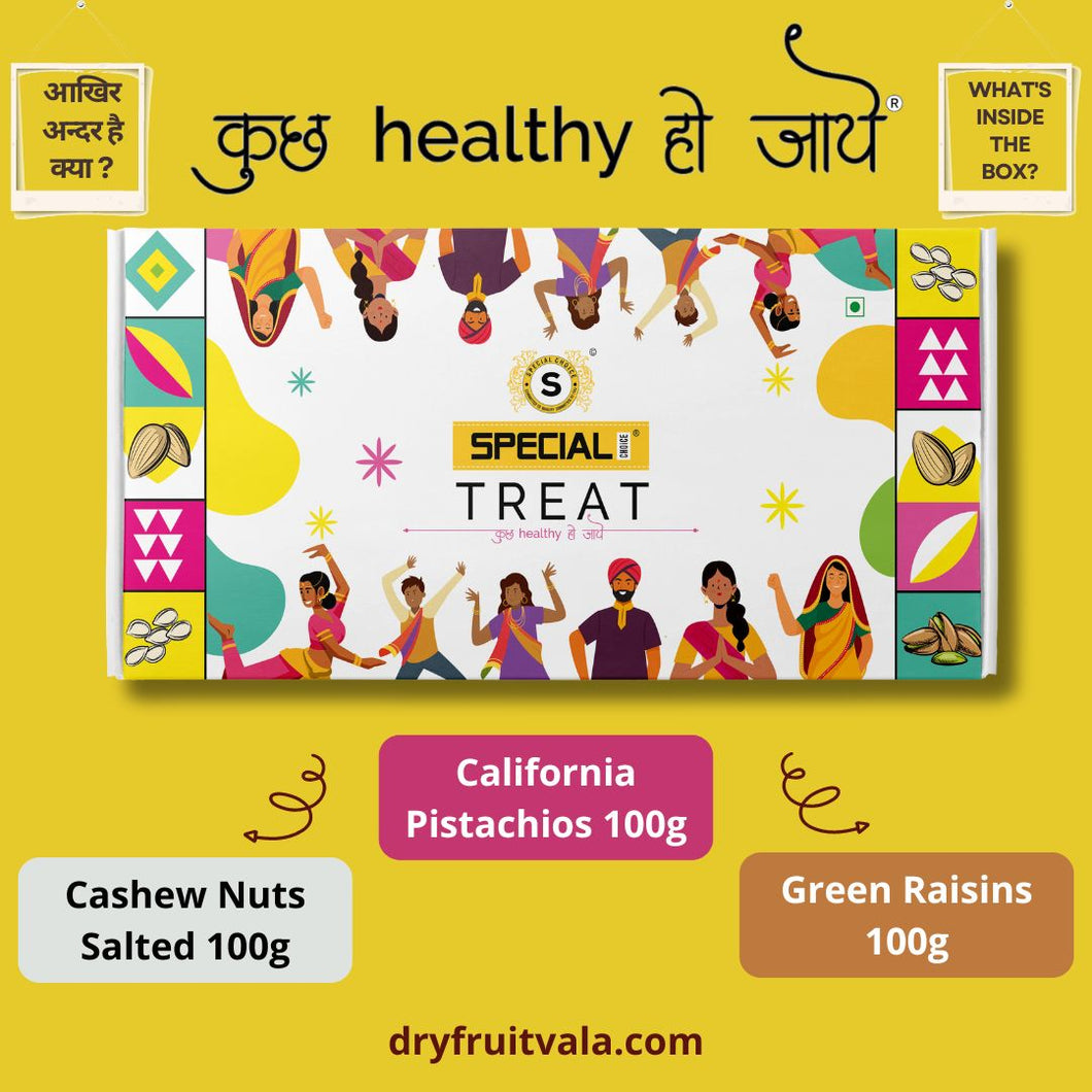 Special Choice Treat Dry Fruits Gift Pack (Cashew Nuts Salted 100g, California Pistachio 100g & Indian Raisins 100g)