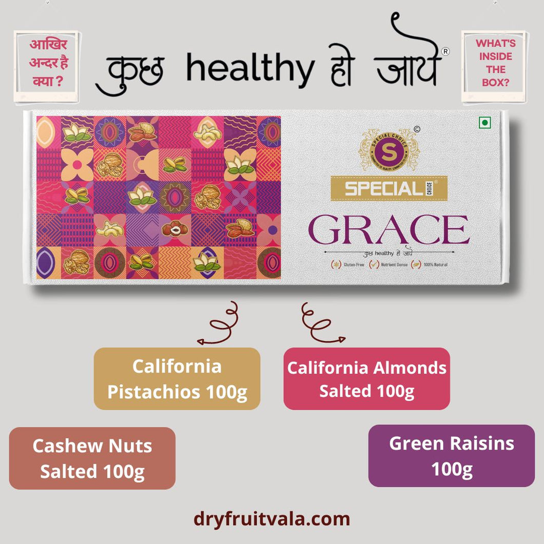 Special Choice Grace Dry Fruits Gift Pack (Cashew Nuts Salted 100g, California Almonds Salted 100g, California Pistachio 100g & Indian Raisins 100g)