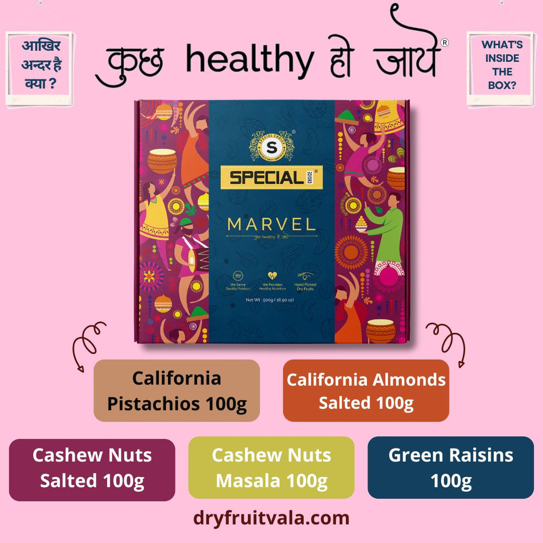 Special Choice Marvel Dry Fruits Gift Pack (Cashew Nuts Salted 100g, Cashew Nuts Masala 100g, California Almonds Salted 100g, California Pistachio 100g & Indian Raisins 100g)
