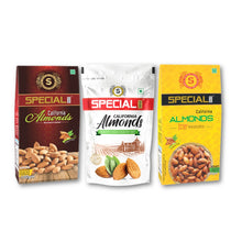 Load image into Gallery viewer, Special Choice Combo Of California Almonds (Raw, Salted &amp; Masala) (100g Each x 3 Pack)

