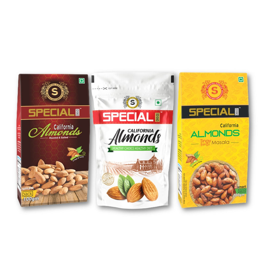 Special Choice Combo Of California Almonds (Raw, Salted & Masala) (100g Each x 3 Pack)