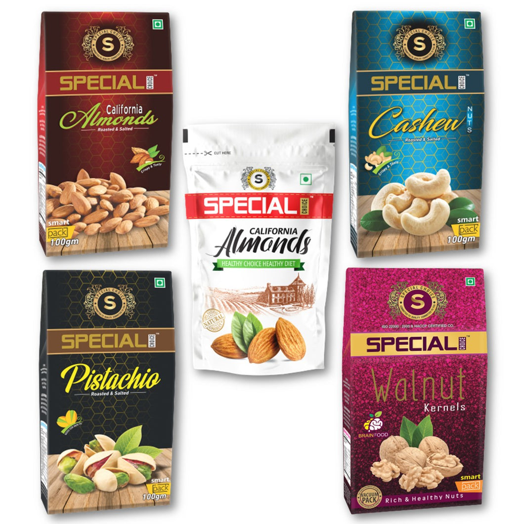 Special Choice Combo Of Nuts (Walnut Kernels, Pistachios, Raw & Roasted California Almonds & Roasted Cashew Nuts) (100g Each x 5 Pack)